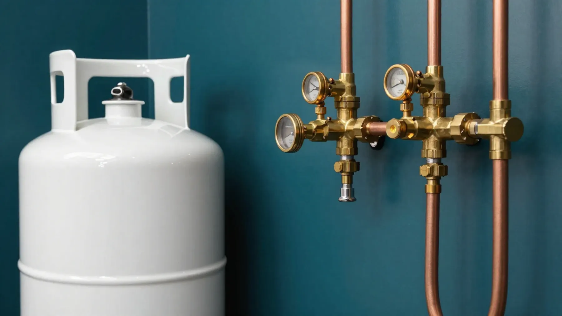 Ilustración: cilindro de gas blanco con reguladores de latón y líneas de cobre sobre un muro color petróleo.