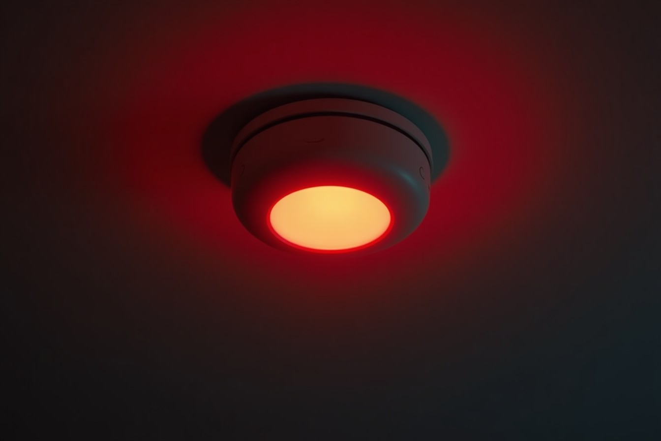 Detector de monóxido de carbono en el techo con su luz roja encendida.