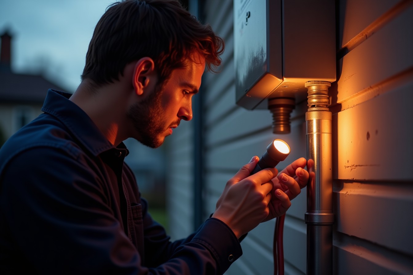 Técnico revisando el ducto de salida de un calentador de gas en un muro exterior.