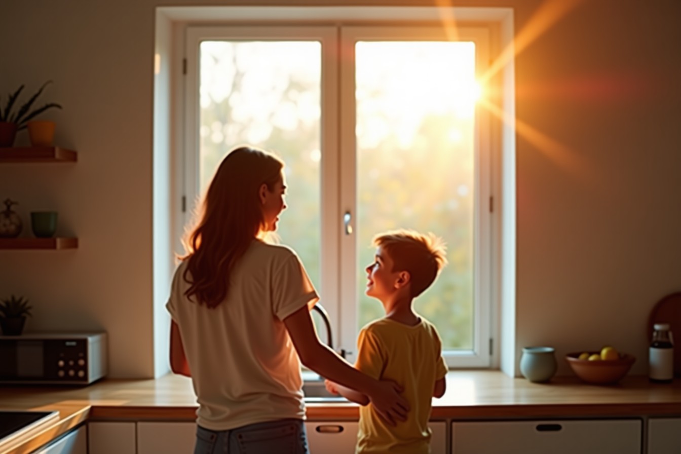 Madre e hijo abriendo la ventana de la cocina en la mañana.