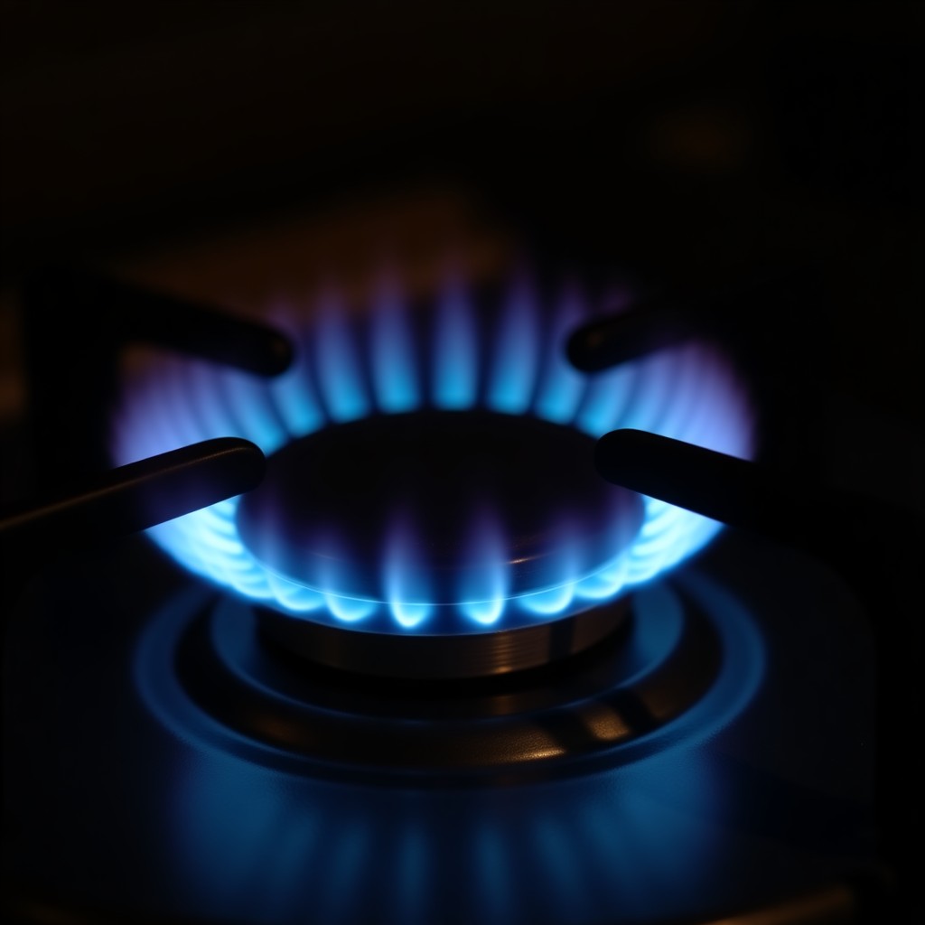 Quemador de estufa de gas con flama azul estable.