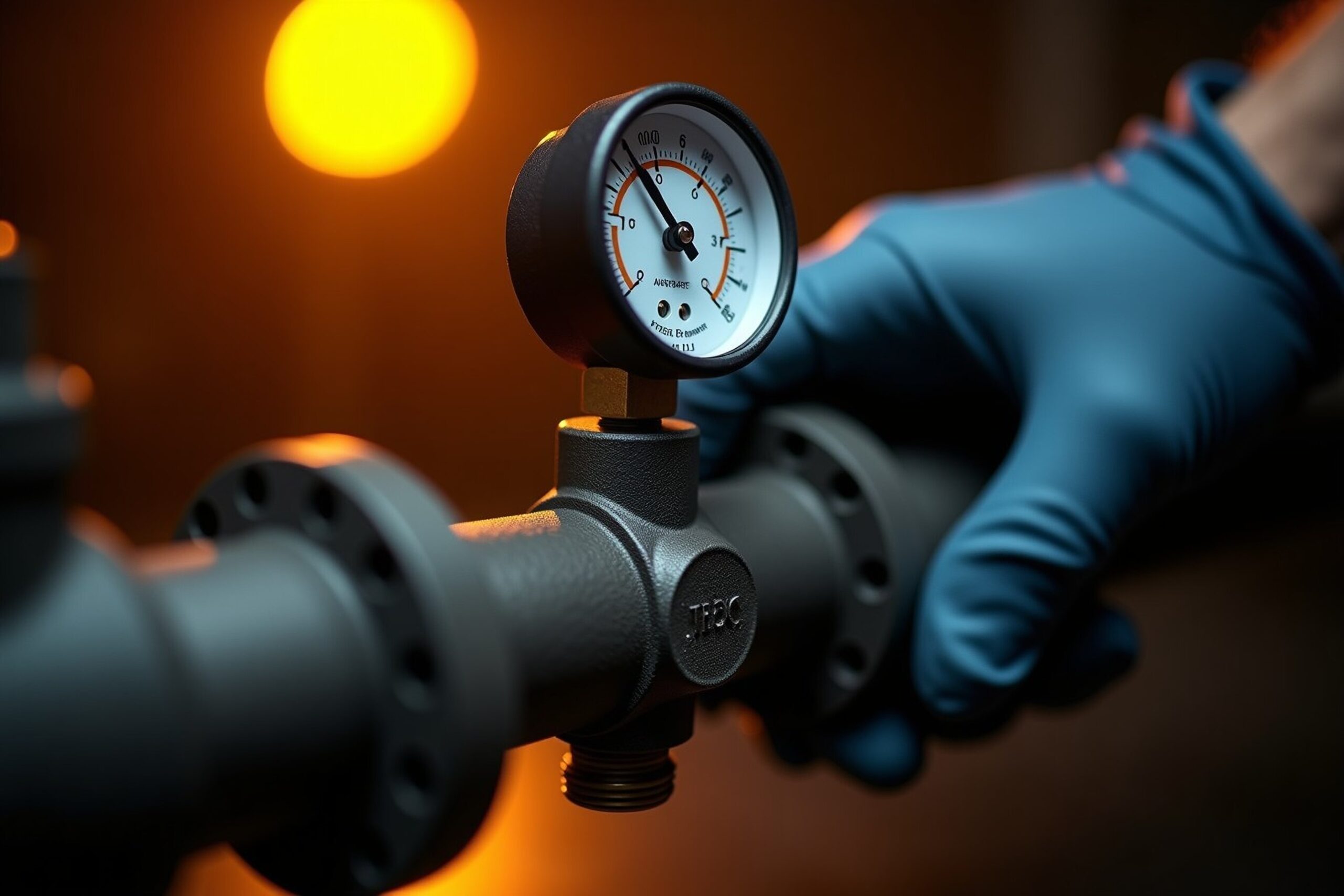 Mano enguantada sosteniendo un manómetro conectado a una instalación de gas de tubería negra durante la prueba de presión.