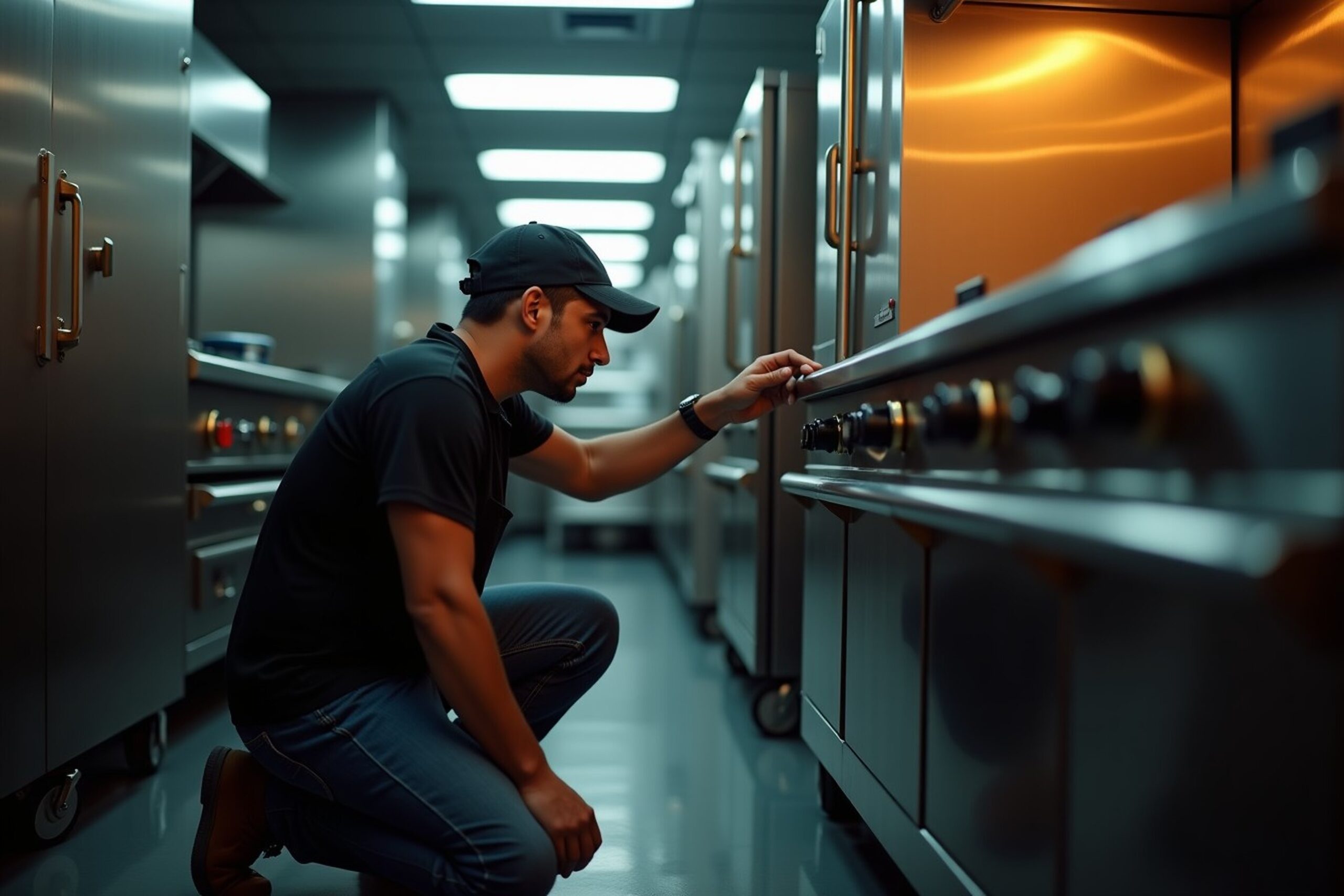 Técnico revisando la conexión de gas detrás del equipo de acero inoxidable de una cocina comercial.