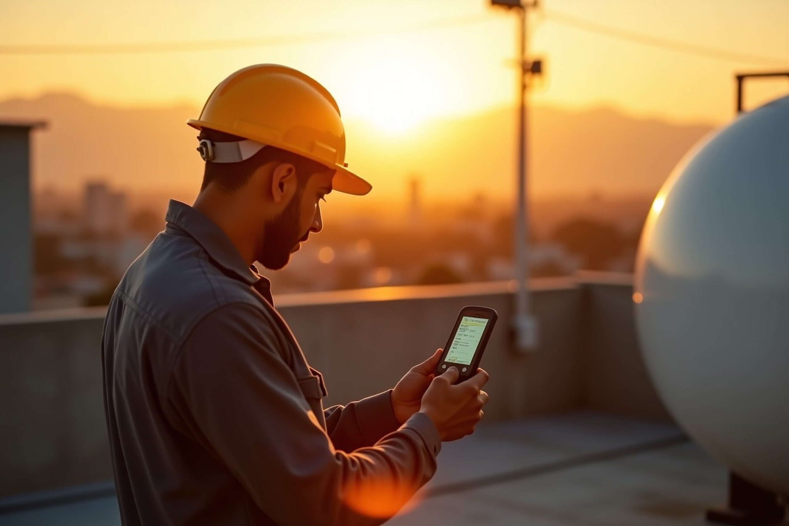 Dos técnicos revisando un tanque estacionario de gas en una azotea al atardecer, con un detector electrónico en la mano.
