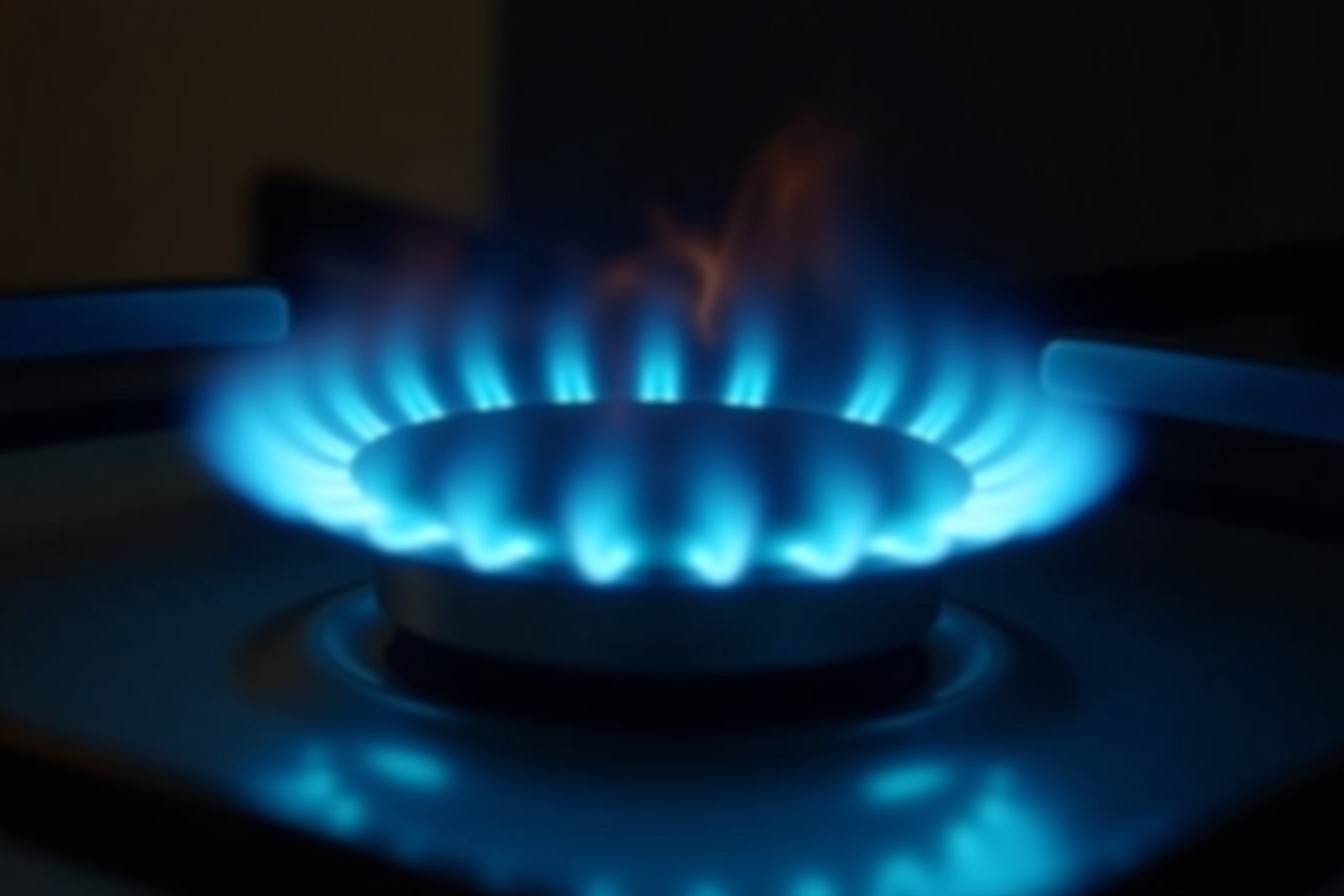 Flama azul de un quemador de estufa en una cocina oscura.