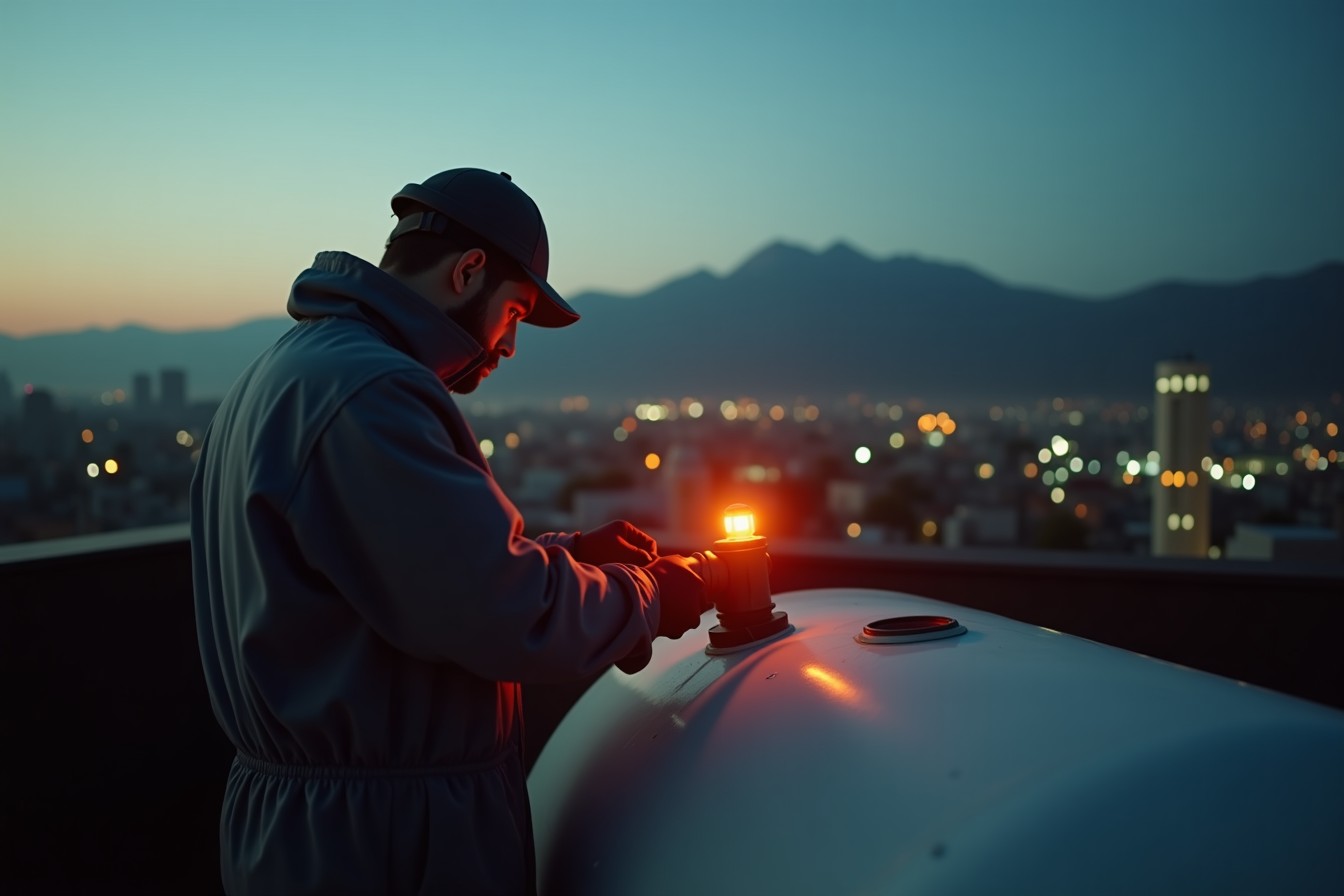 Técnico revisando la válvula de un tanque estacionario de gas en una azotea al atardecer.