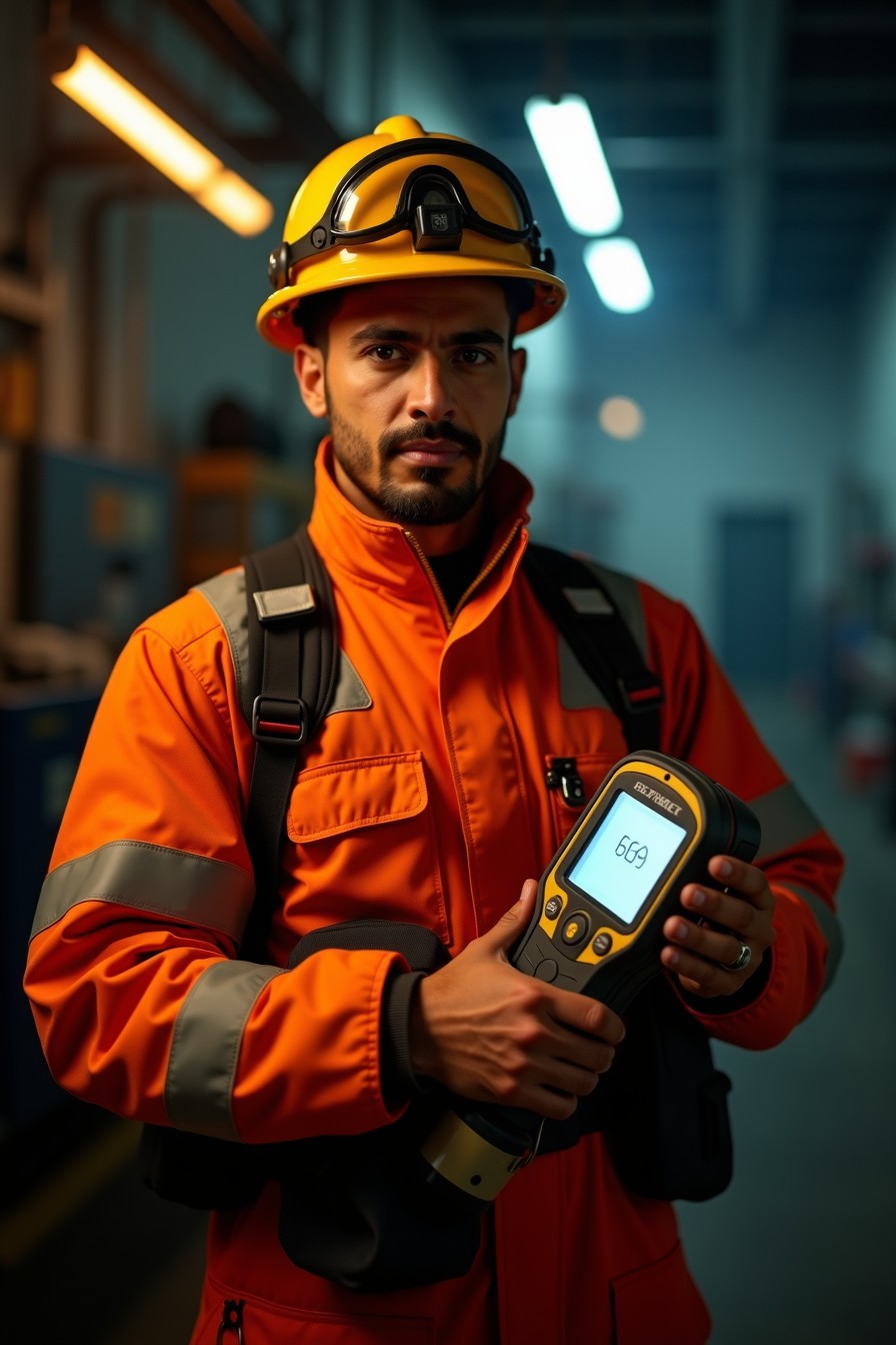 Técnico de gas con equipo de protección sosteniendo un detector electrónico.